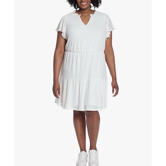 London Times Women Flutter Sleeve Tiered Fit And Flare Dress In White Sz 1X New - Picture 1 of 7